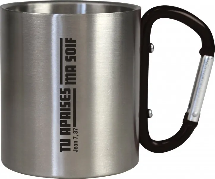 Mug métal camping mousqueton rouge Tu apaises ma soif - Jean 7.37