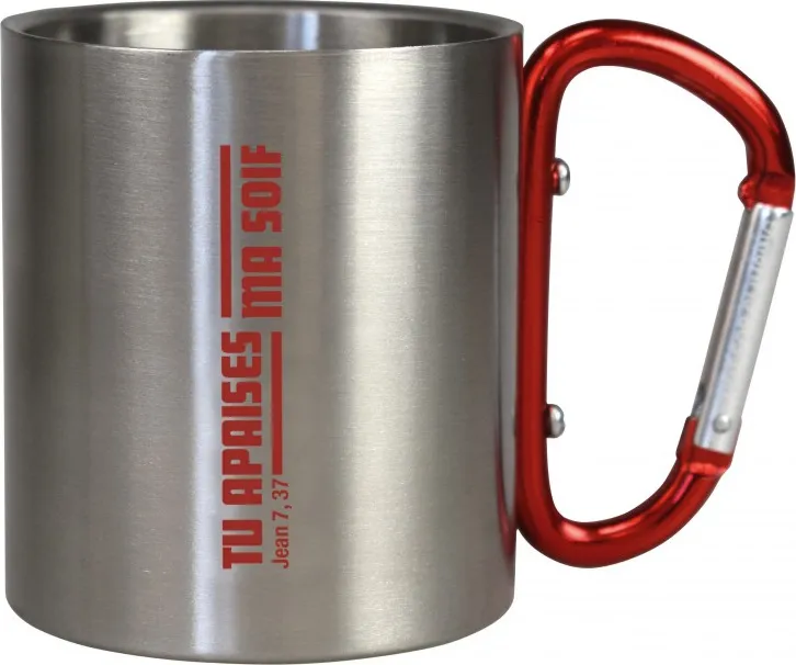 Mug métal camping mousqueton rouge Tu apaises ma soif - Jean 7.37