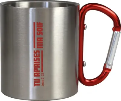 Mug métal camping mousqueton rouge Tu apaises ma soif - Jean 7.37